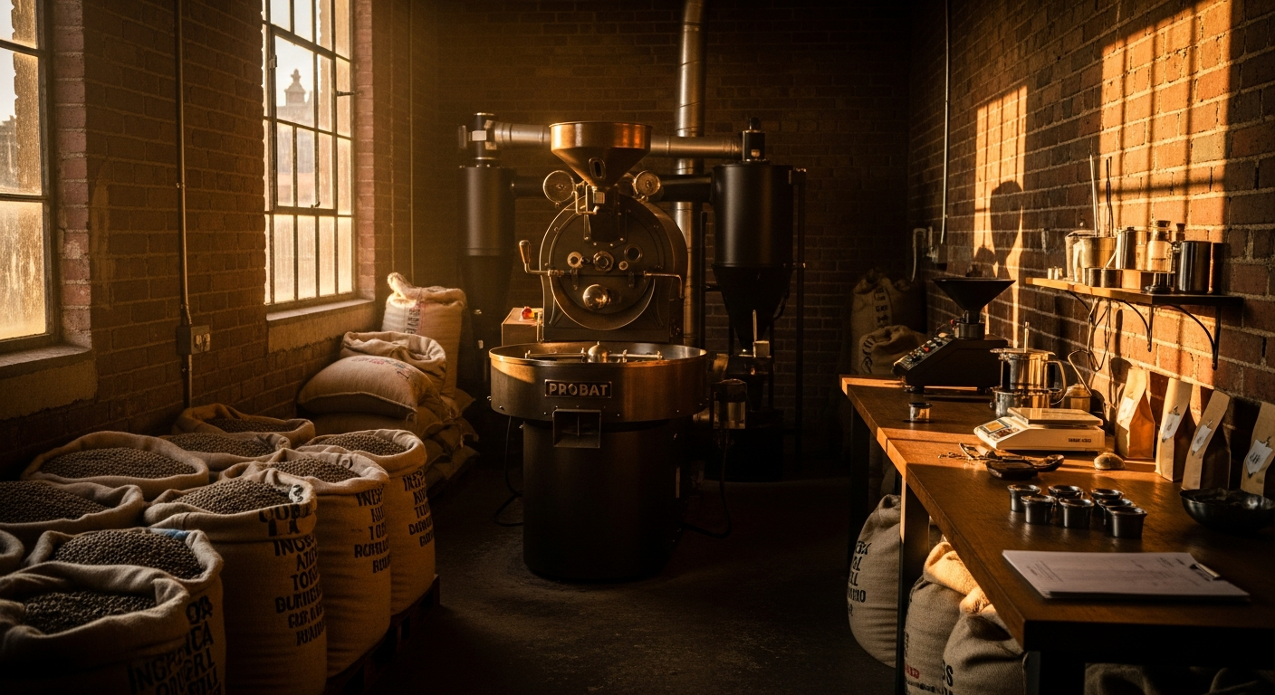 AI_IMAGE: Interior of a small artisan coffee roastery workspace at golden hour, a vintage Probat drum roaster in the center surrounded by burlap sacks of green coffee beans, warm amber light pouring through industrial windows, exposed brick walls, deep shadows and warm highlights, shot with cinematic depth of field | photorealistic | landscape