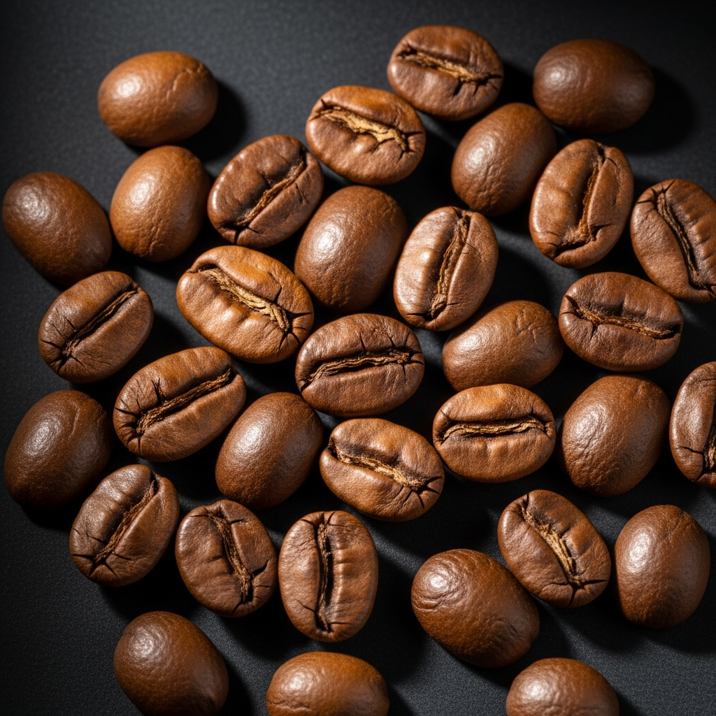 AI_IMAGE: Close-up of medium roasted coffee beans with rich brown tones on matte black surface, soft directional studio lighting, shallow depth of field | photorealistic | square