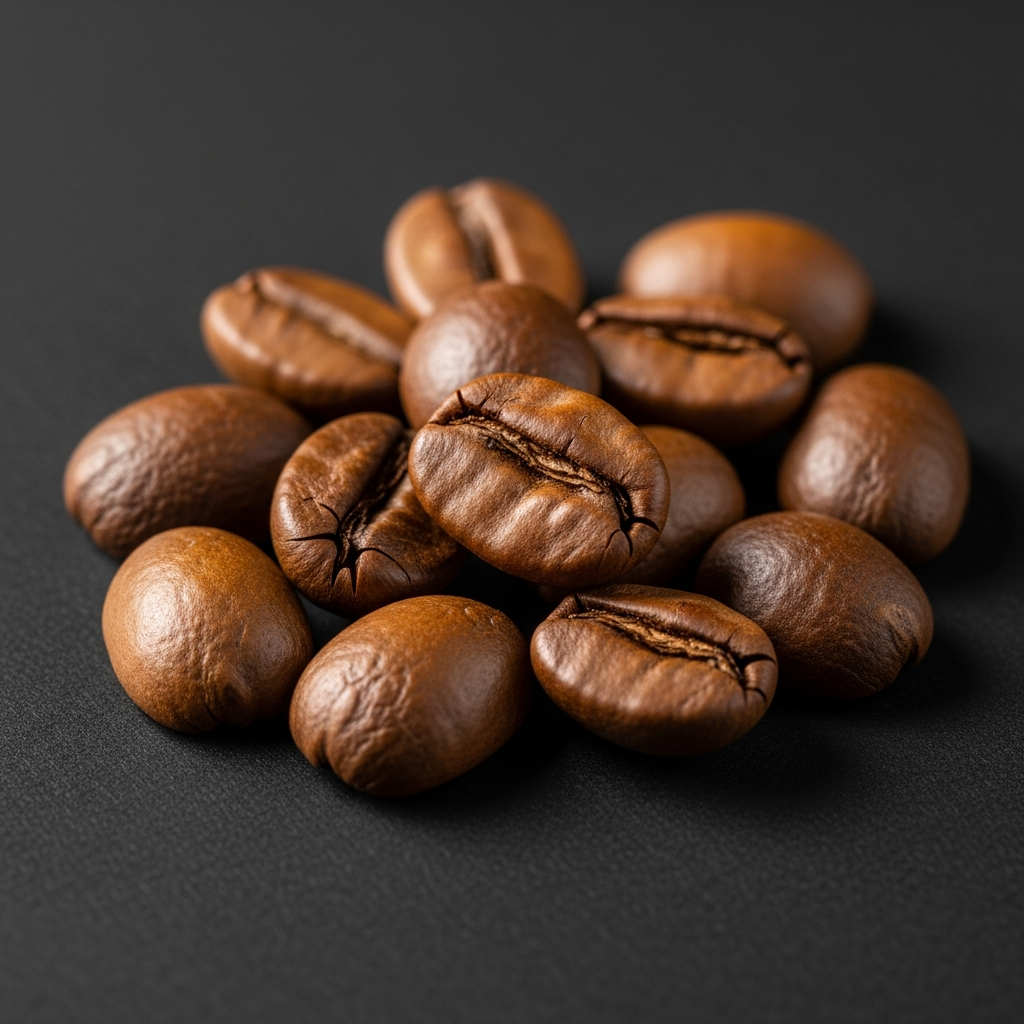 AI_IMAGE: Close-up of medium roasted single-origin coffee beans with honey-brown coloring on matte black surface, controlled studio lighting with soft shadows | photorealistic | square