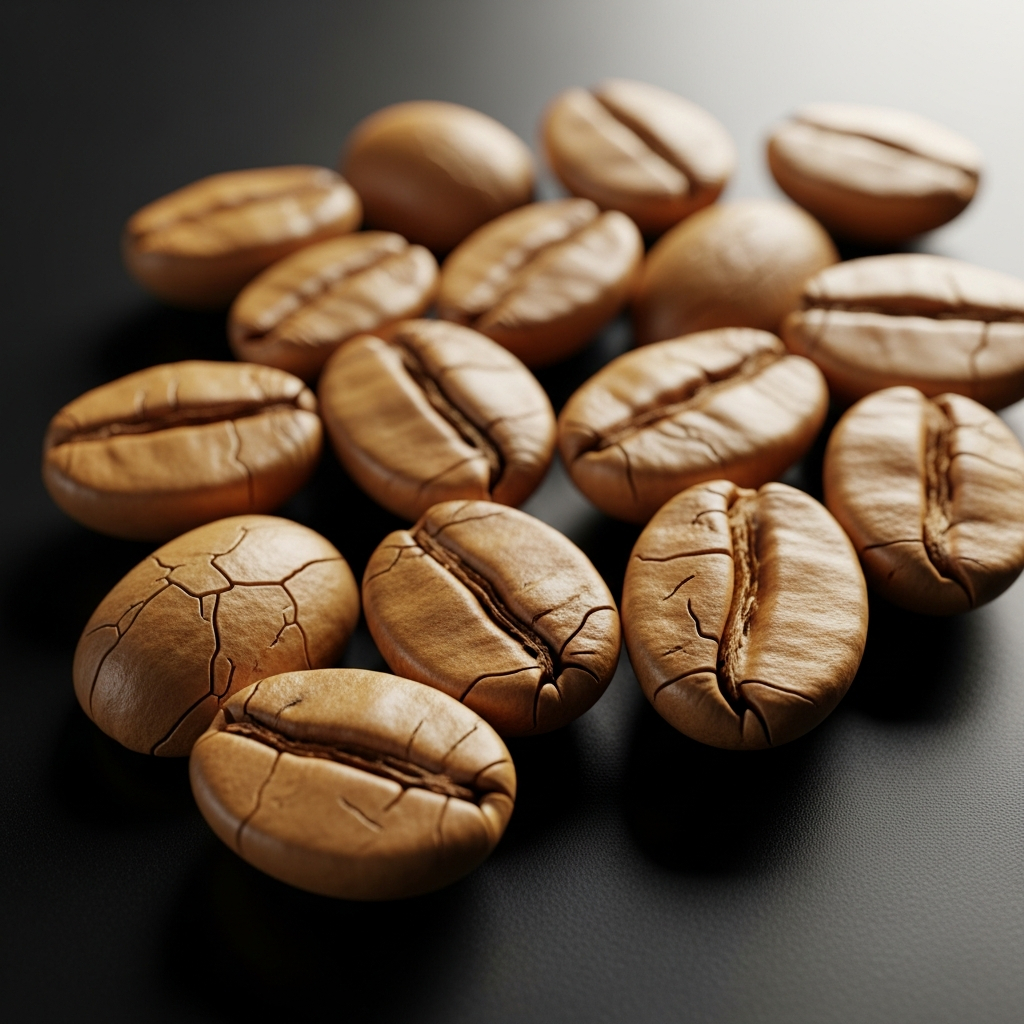 AI_IMAGE: Close-up of light roasted coffee beans with golden amber hue arranged on matte black surface, soft directional studio lighting, shallow depth of field revealing bean texture | photorealistic | square