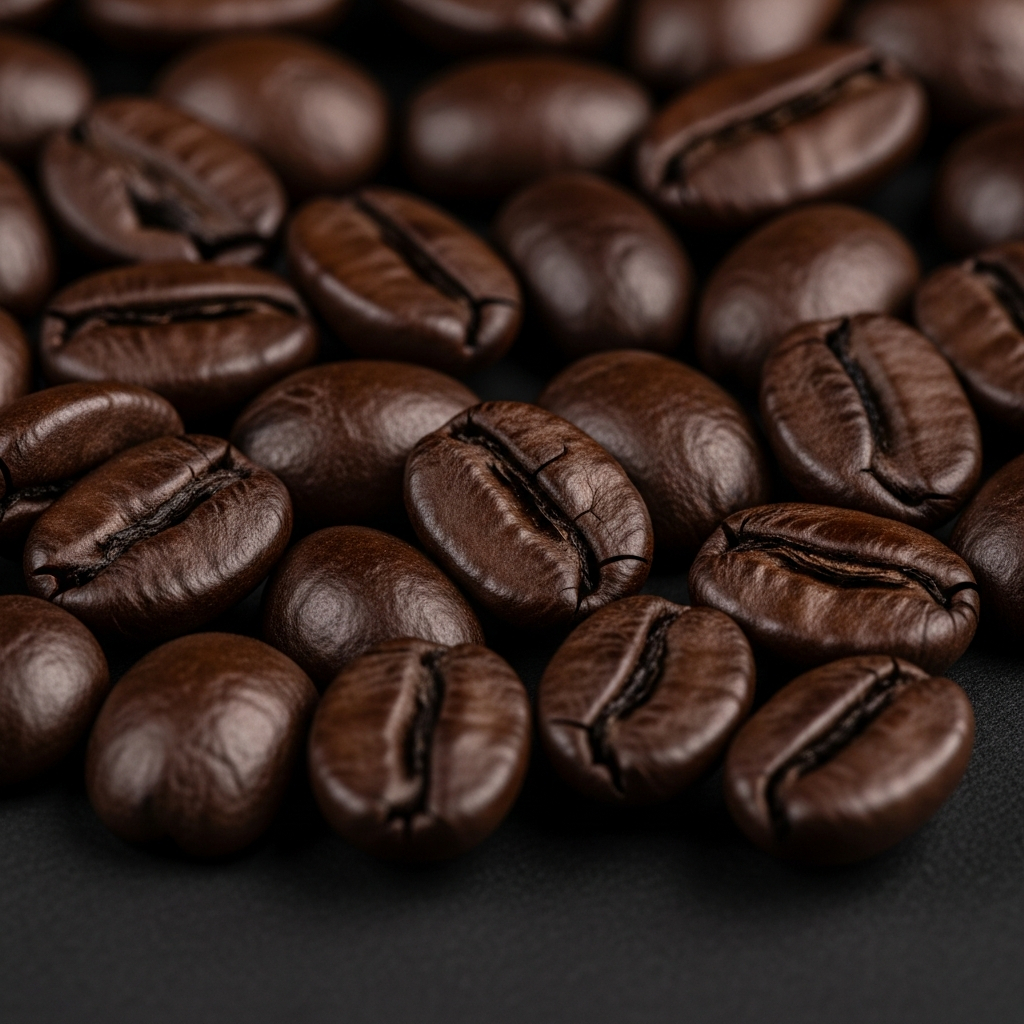 AI_IMAGE: Close-up of dark roasted coffee beans with deep brown-black hues on matte black surface, precise studio lighting creating subtle sheen highlights | photorealistic | square