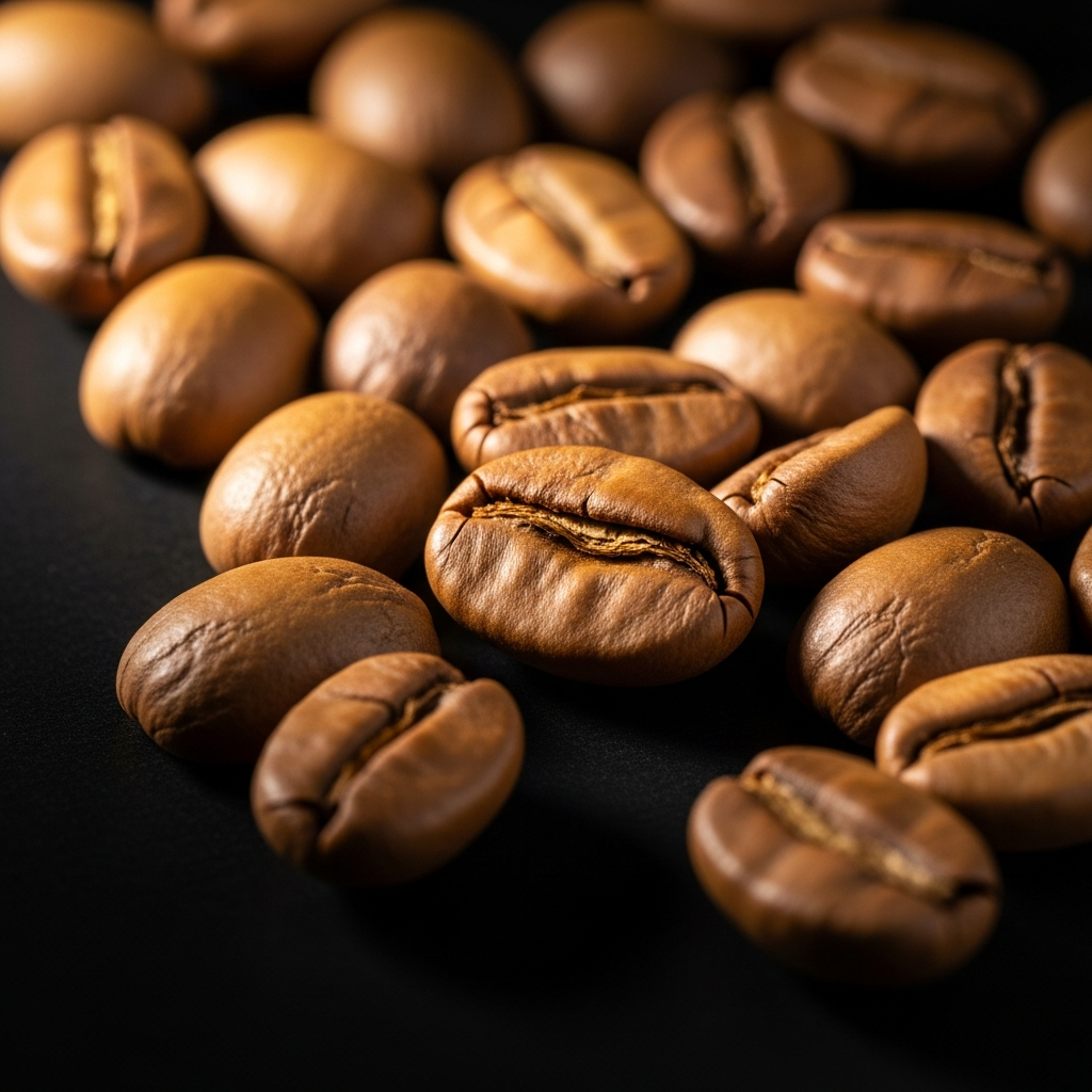 AI_IMAGE: Close-up of medium-light roasted coffee beans with warm caramel tones on matte black surface, edge lighting revealing surface cracks and natural oils | photorealistic | square