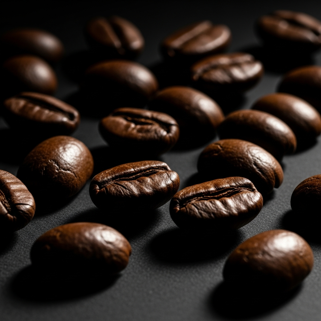 AI_IMAGE: Close-up of dark roasted Sumatra coffee beans with deep espresso-brown coloring and oily sheen on matte black surface, dramatic side lighting | photorealistic | square