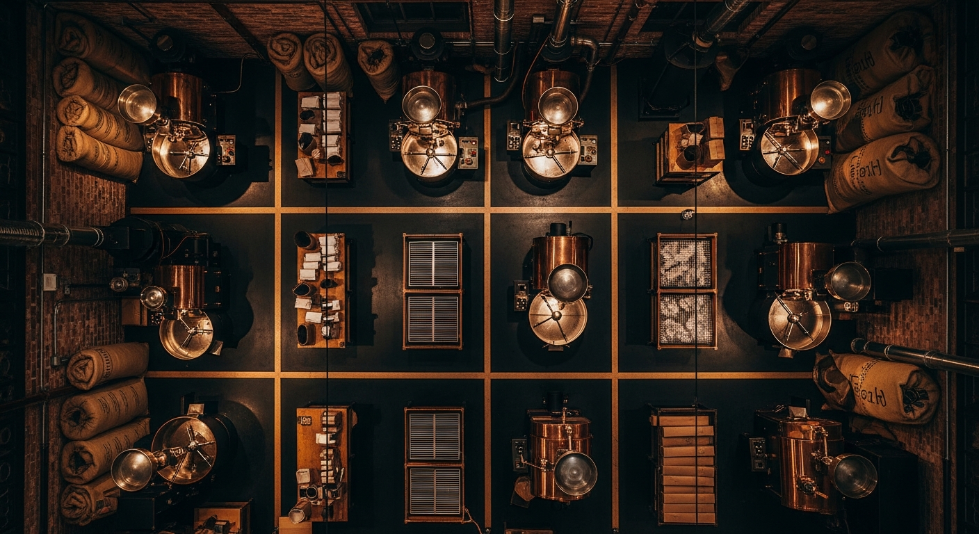 AI_IMAGE: Aerial overhead photograph of a coffee roastery interior workspace in Portland, moody dark lighting with warm amber highlights on copper roasting equipment, burlap sacks of green coffee beans stacked along exposed brick walls, shot from above showing the grid layout of the production floor | photorealistic | landscape