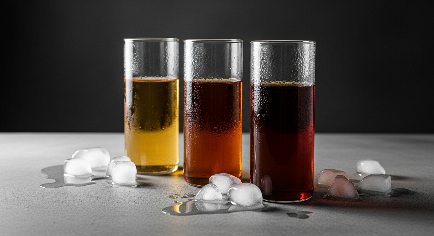 AI_IMAGE: Three tall glass beakers filled with cold brew coffee at different concentrations — pale amber, medium copper, deep mahogany — lined up on a concrete countertop with ice cubes melting beside them, soft diffused daylight from the left against a dark charcoal background | clean studio photography, desaturated palette, precise composition | landscape