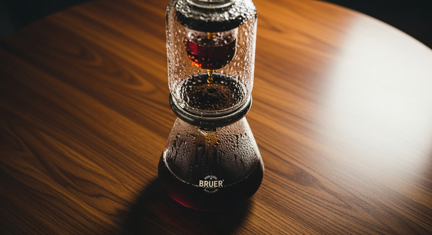 AI_IMAGE: Overhead shot of a Bruer slow-drip cold brew tower with water drops falling through ground coffee, condensation on the glass, set on a dark walnut table, moody warm side lighting | editorial food photography, cinematic tones, shallow depth | landscape
