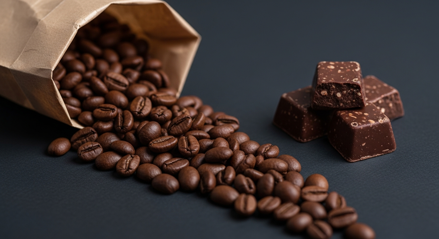 AI_IMAGE: Close-up of freshly roasted coffee beans spilling from a kraft paper bag onto a dark matte surface, a few squares of artisanal dark chocolate beside them, shallow depth of field | studio product photography, desaturated warm tones, precise focus | landscape
