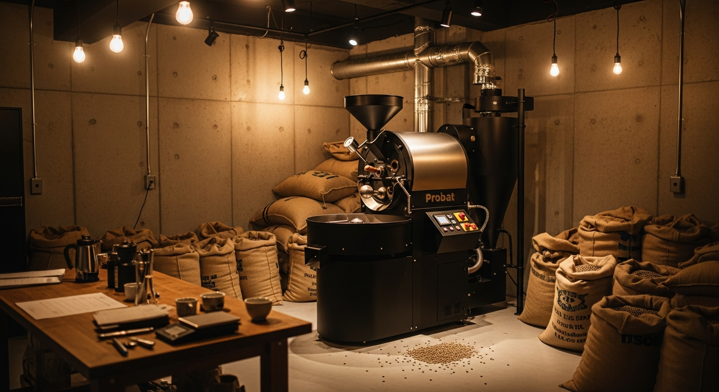 AI_IMAGE: Interior of a small artisan coffee roastery with a matte black Probat drum roaster, burlap sacks of green coffee, warm tungsten lighting, industrial concrete walls, shot in editorial documentary style | photorealistic | landscape